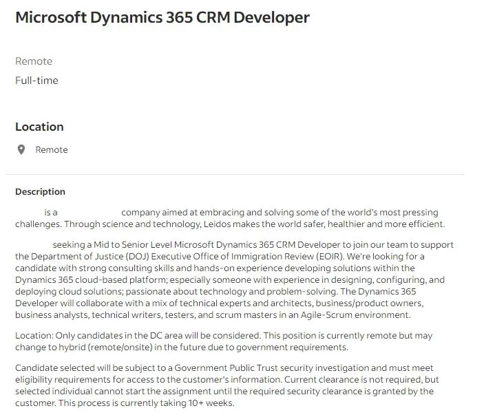 Microsoft Dynamics 365 CRM Developer Vacancy Original Post Description