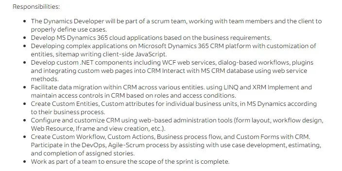 Microsoft Dynamics 365 CRM Developer Vacancy Original Post: Responsibilities