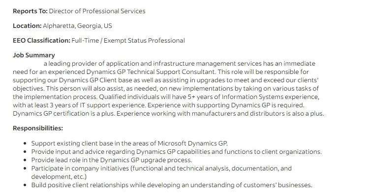 Microsoft Dynamics GP Technical Support Consultant Original Job Summary