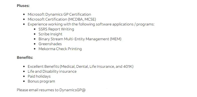 Microsoft Dynamics GP Technical Support Consultant Original Job Pluses & Benefits